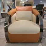 White & Brown Leather Sofa with Smooth Surface Craftsmanship, Natural Wood Veneer & Gold Stainless Steel Trim